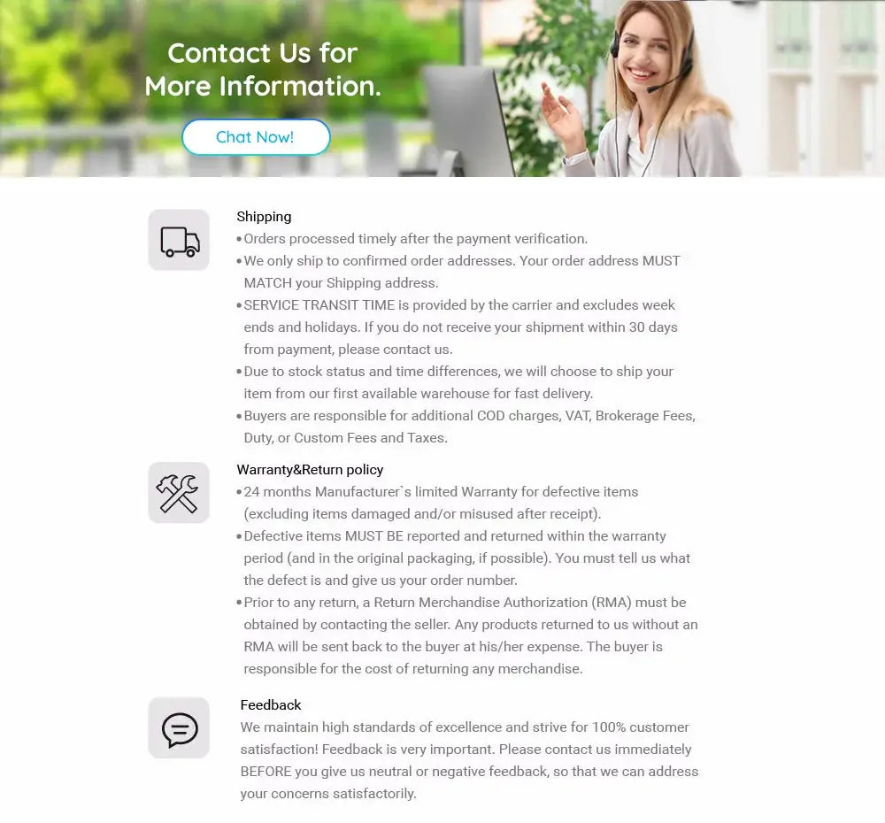 Customer support page with a headset agent, a Chat Now button, and Shipping, Warranty & Return sections.