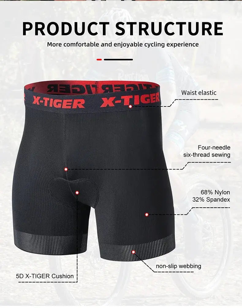 X-TIGER men's black cycling shorts with 5D padded cushion and anti-slip leg grips