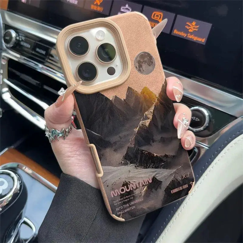 iPhone case Simples Market faux leather with mountain lake scenery motif, brown tan color