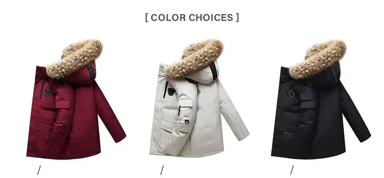 Men's thermal down puffer jacket with fur hood by Simples Market in red, white, and black (3 coats shown)