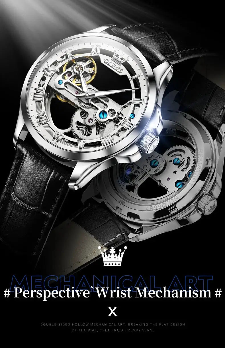 OLEVS 6661 skeleton automatic men's wristwatch with black leather strap