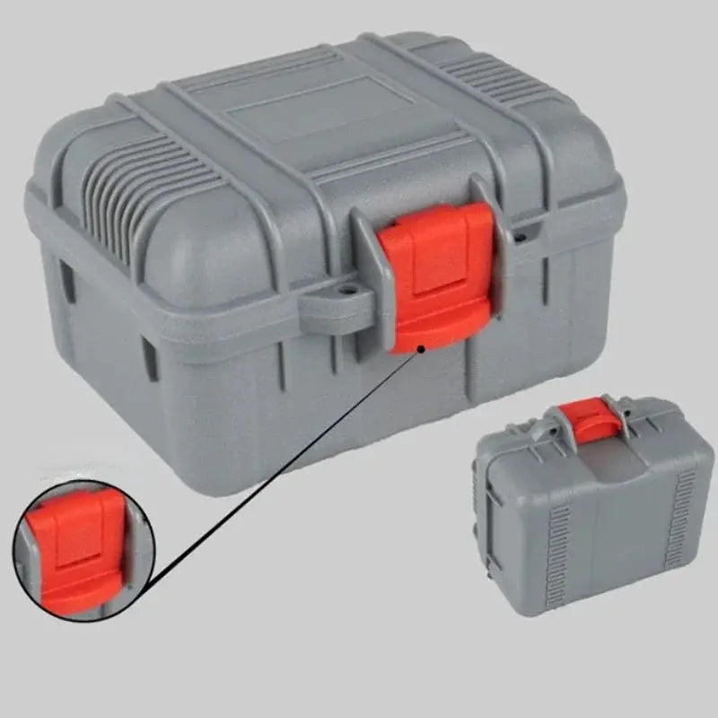 Gray PP toolbox with red latch, compact portable storage case for small parts and tools