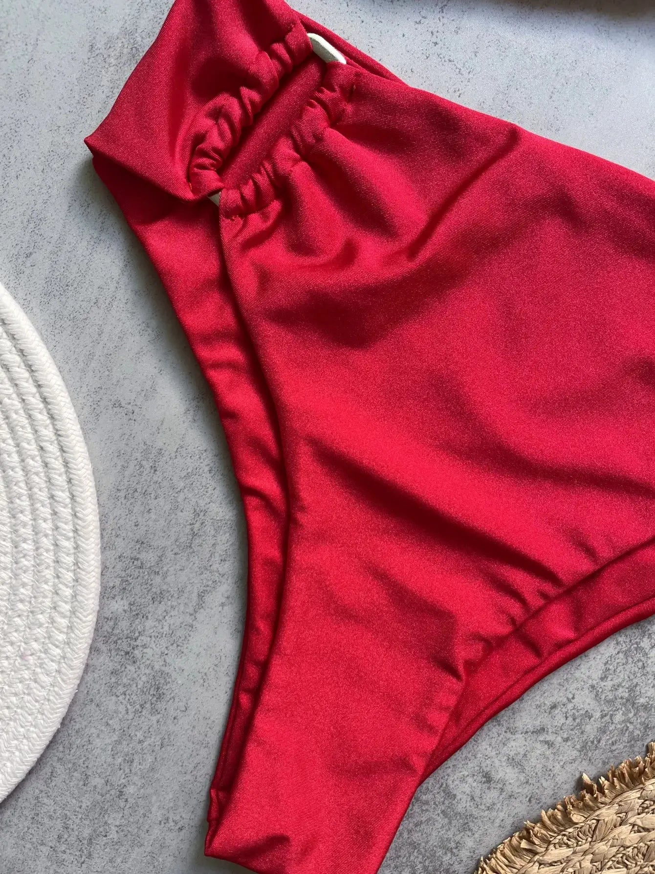 Red solid bandeau bikini set with ruched top detail for women, beach swimwear