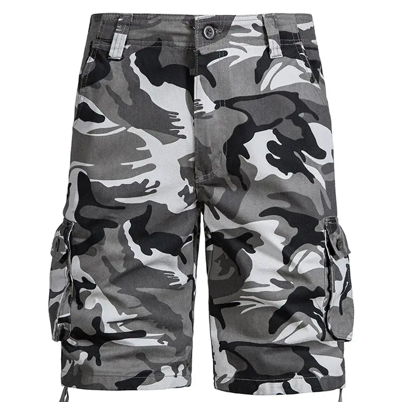 Men's camouflage cargo shorts with side pockets, cotton fabric, casual outdoor wear