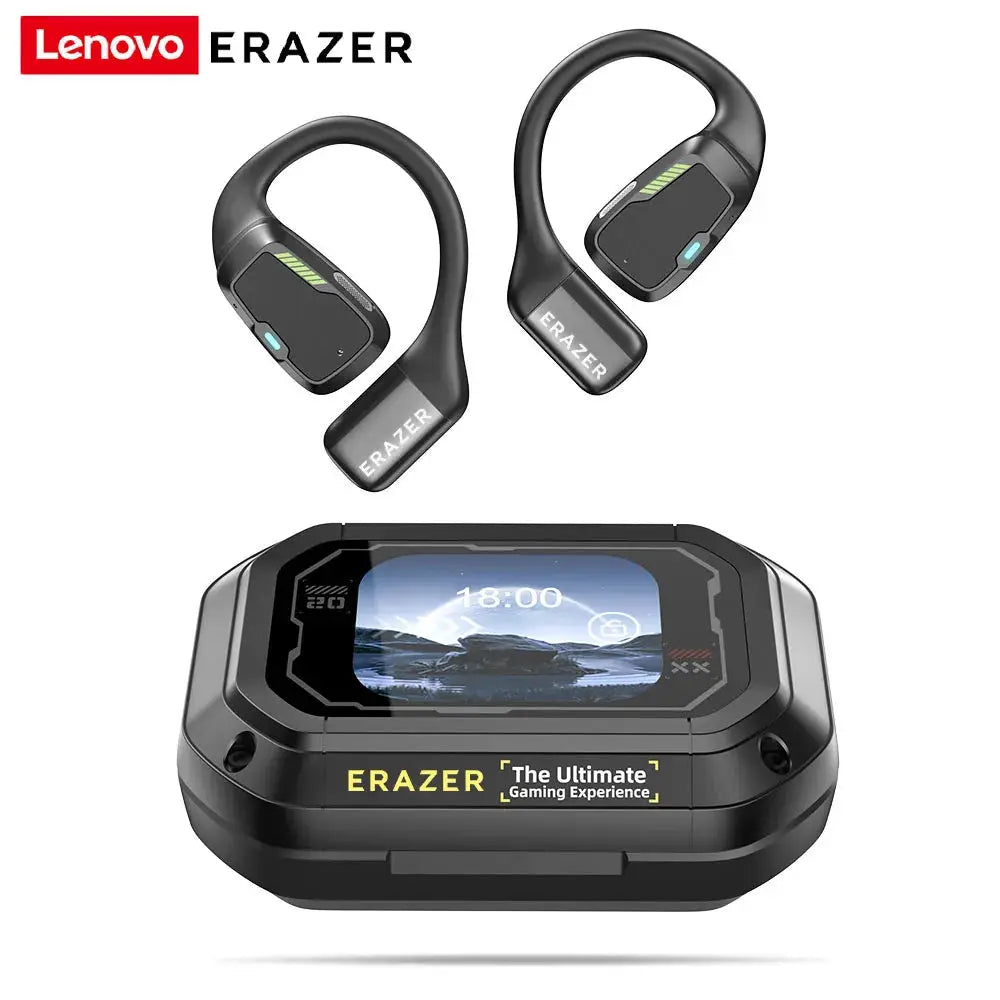 Lenovo Erazer XP6 wireless gaming earbuds with charging case and built-in display, black