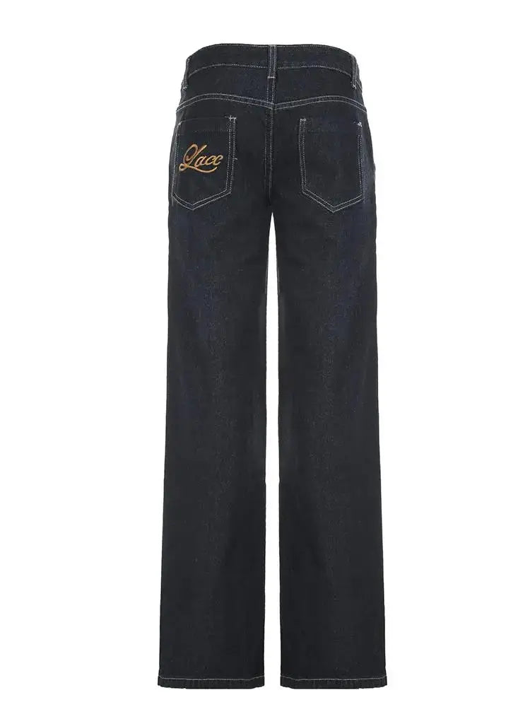 Women's Slim Fit Flared Jeans Y2K Low Rise Denim Embroidery Distressed