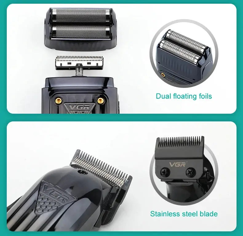 VGR 644 gradient hair clipper and shaver, rechargeable, with dual floating foils and stainless steel blade