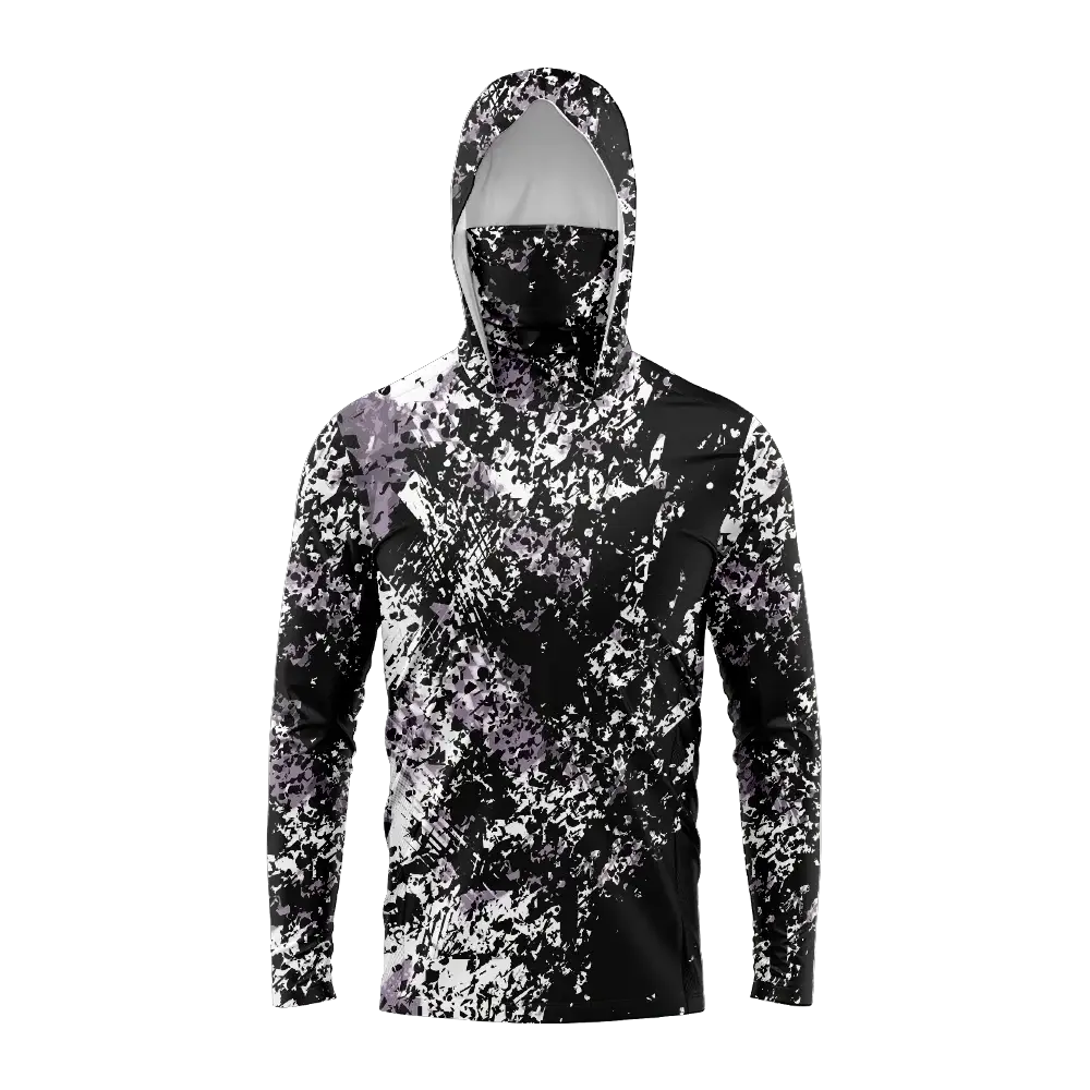 Men hooded fishing shirt with UV protection, black white purple splatter camo; Simples Market.