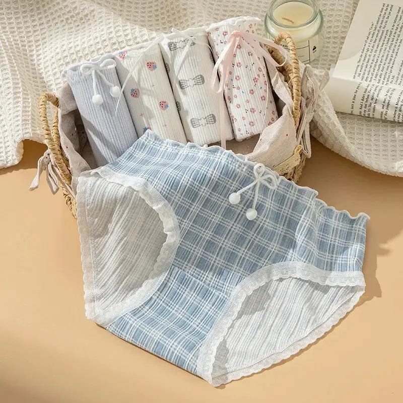 5Pcs cotton women's panties set in blue plaid with white lace trim, breathable briefs