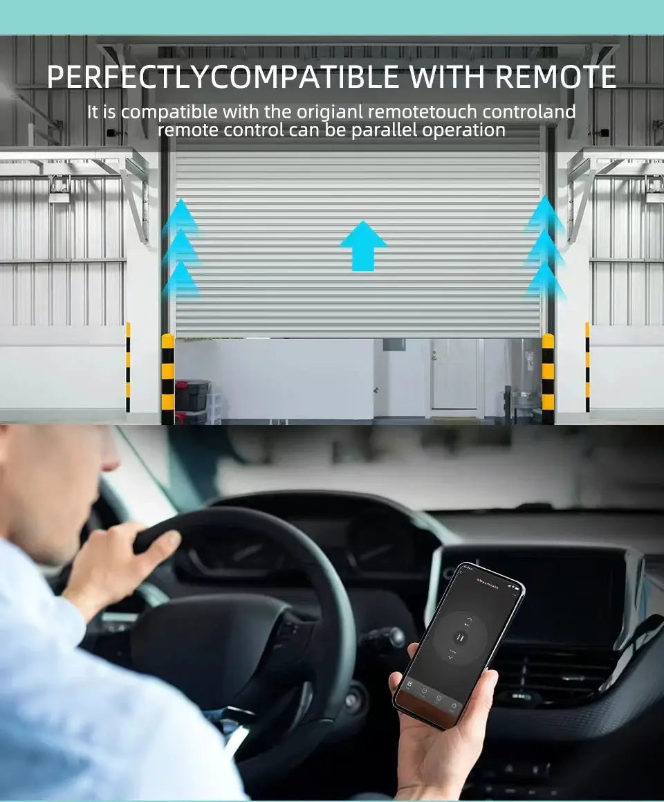 Smart WiFi garage door opener with Tuya app control; remote via phone, Alexa/Google Assistant compatible.