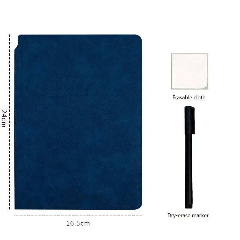 Simples Market A5 reusable whiteboard notebook with blue cover, includes erasable cloth and dry-erase marker