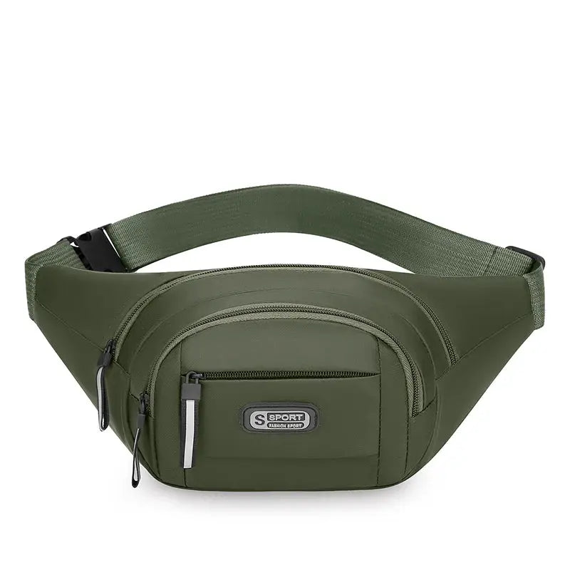 Simples Market men's olive green waist pack with multiple zip pockets and adjustable strap