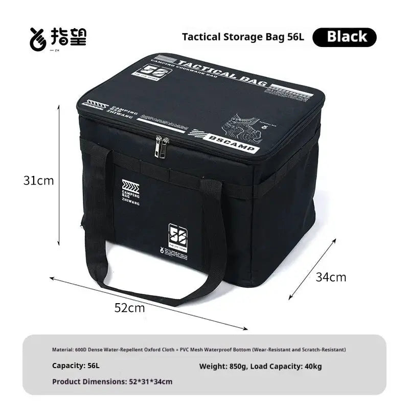 Simples Market tactical storage bag, black insulated waterproof camping tote with handles, 56L capacity