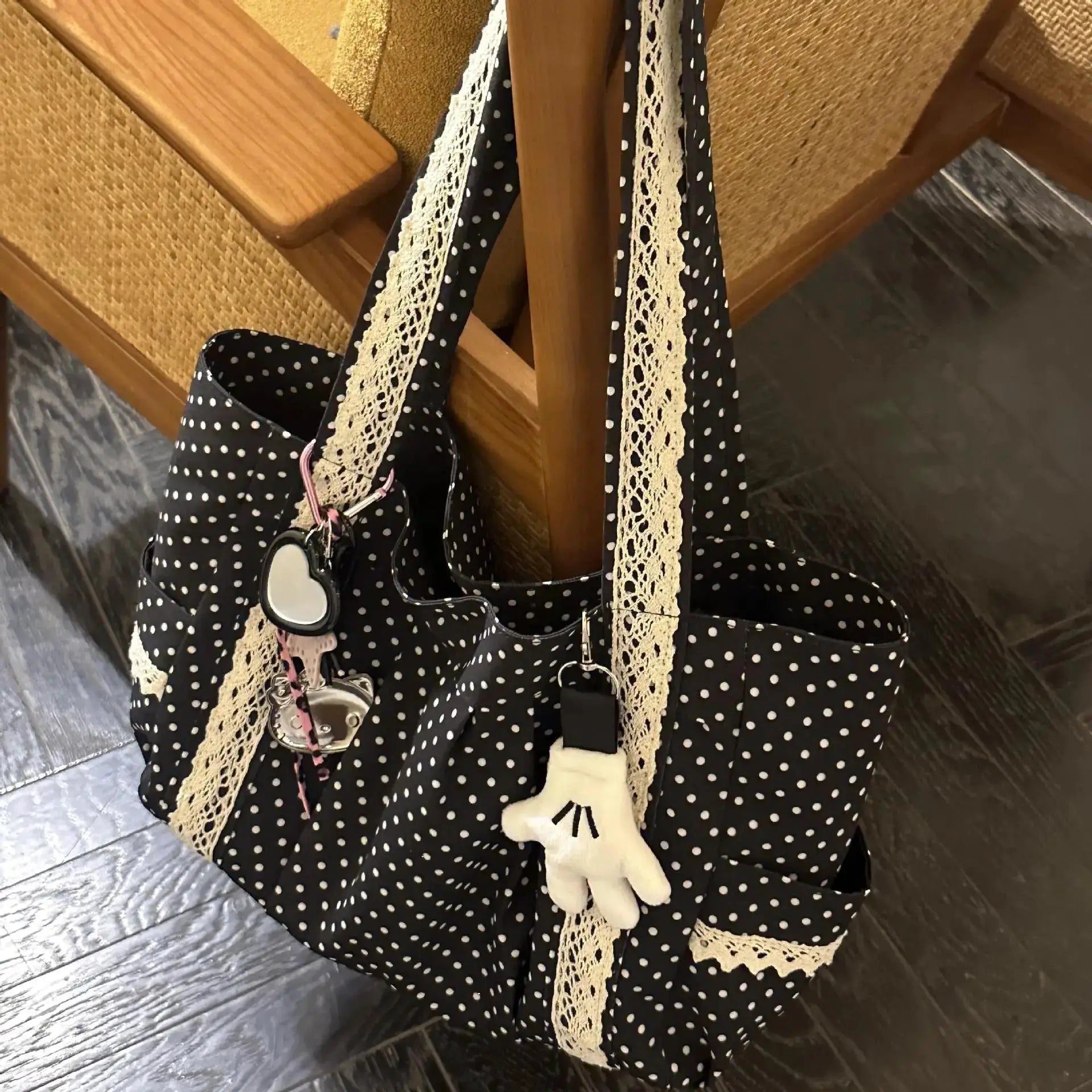 Korean vintage canvas shoulder bag in black with white polka dots and cream lace trim
