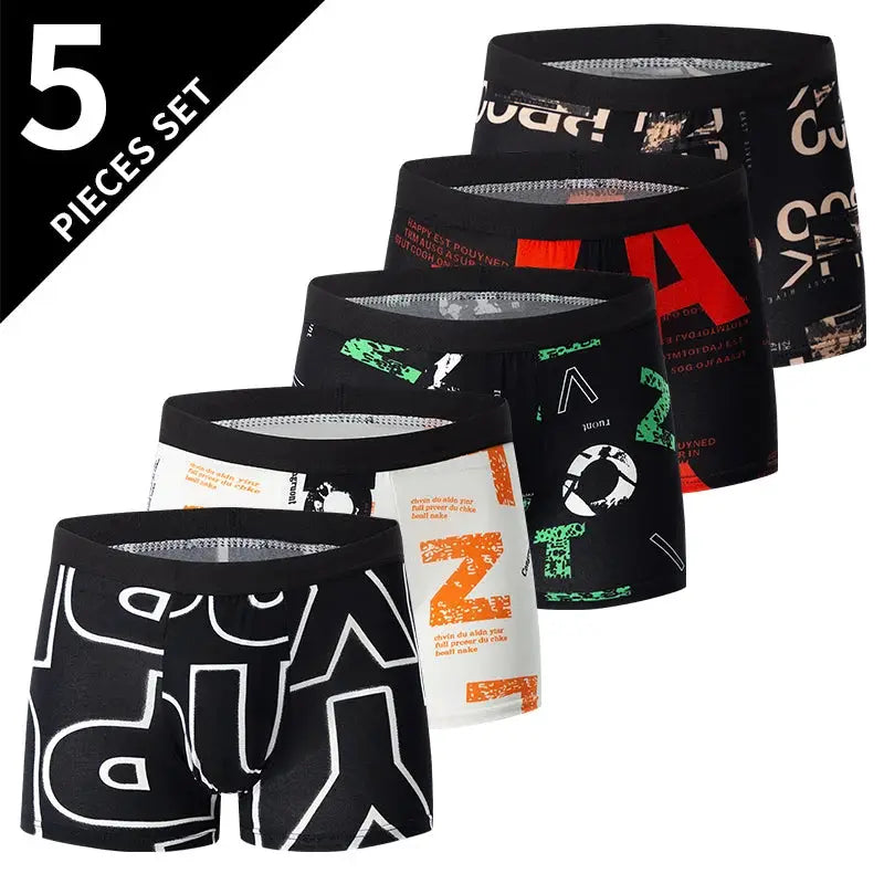Simples Market men's 5-piece set of printed fashion boyshort underwear in assorted black graphic designs