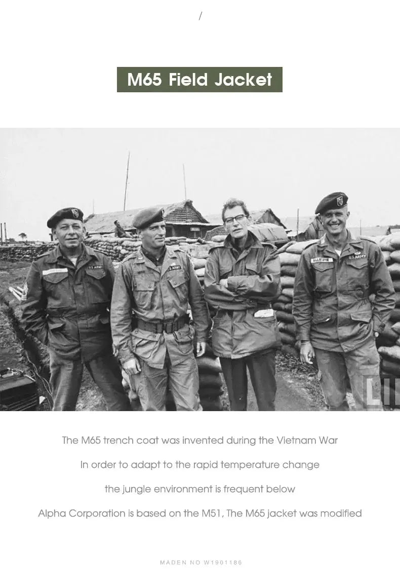 M65 field jackets; four men wearing green military-style jackets with pockets and lapel collars.