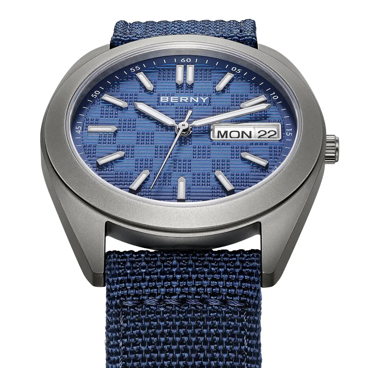 BERNY titanium men's watch with blue textured dial and blue fabric strap