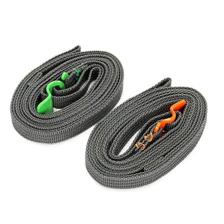 Luggage straps by Simples Market: gray woven webbing with green and orange quick-release clips (2-pack)