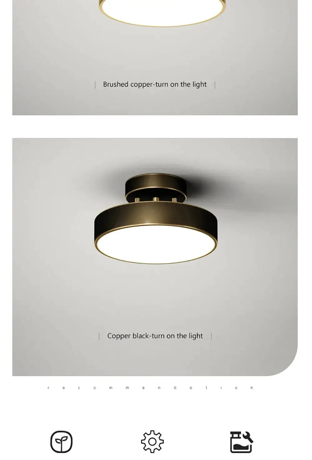 Round LED ceiling light in brushed copper and copper black finishes by Simples Market; modern home decor fixture