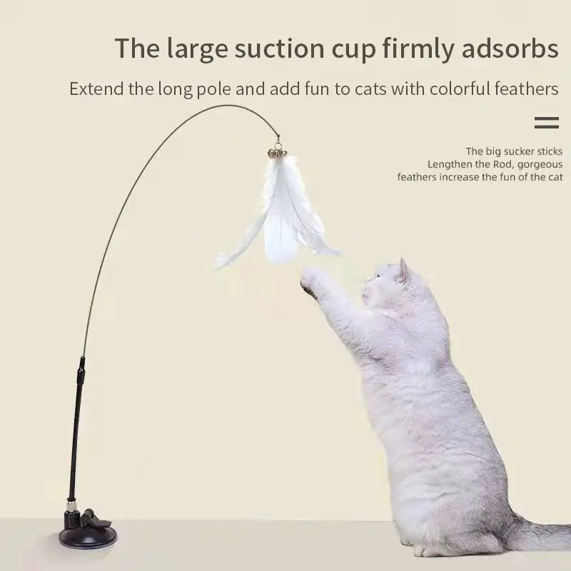 Interactive Cat Toy Hands Free Cat Wand Teaser Wand With Feathers Bell Suction Cup Bird Toy Pet Supplies