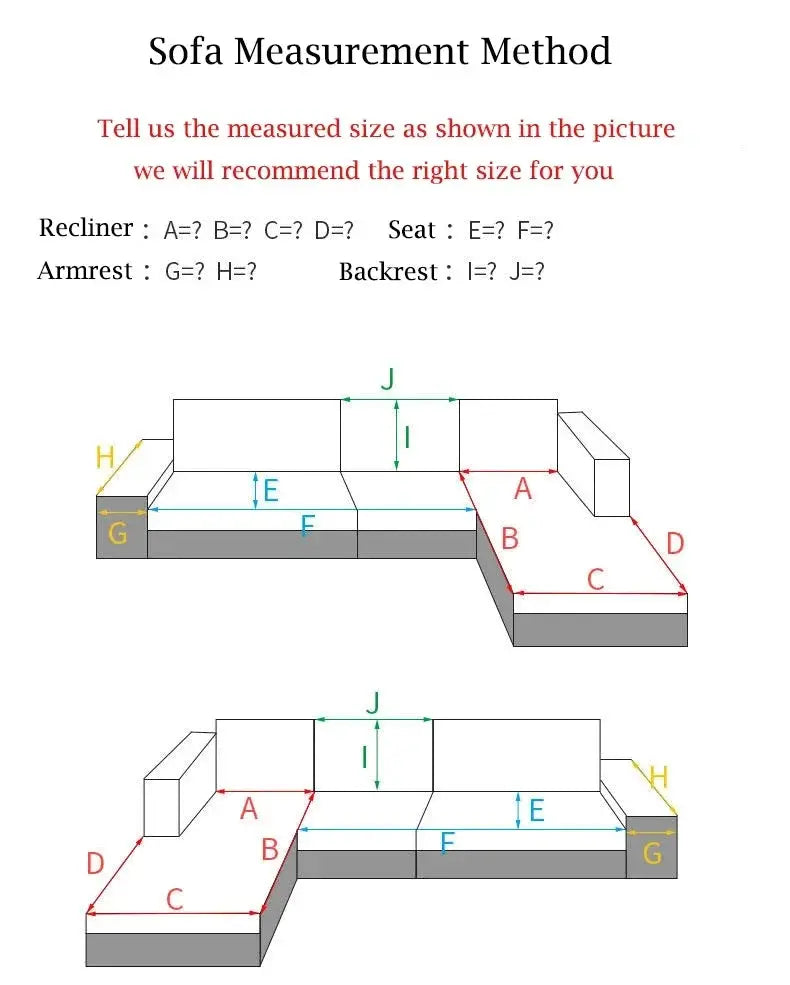 Sofa measurement method diagrams with labeled A–J dimensions illustrating cushions and sofa sections