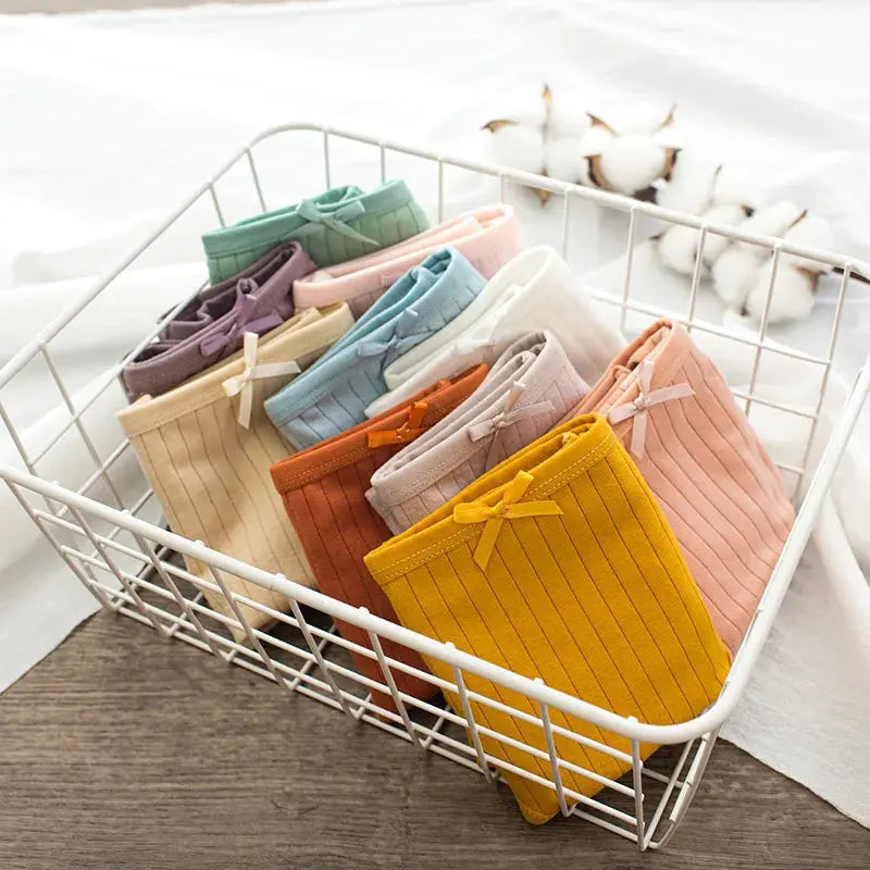 Simples Market 7Pcs set cotton ribbed mid-rise panties with bows in assorted colors M-XL