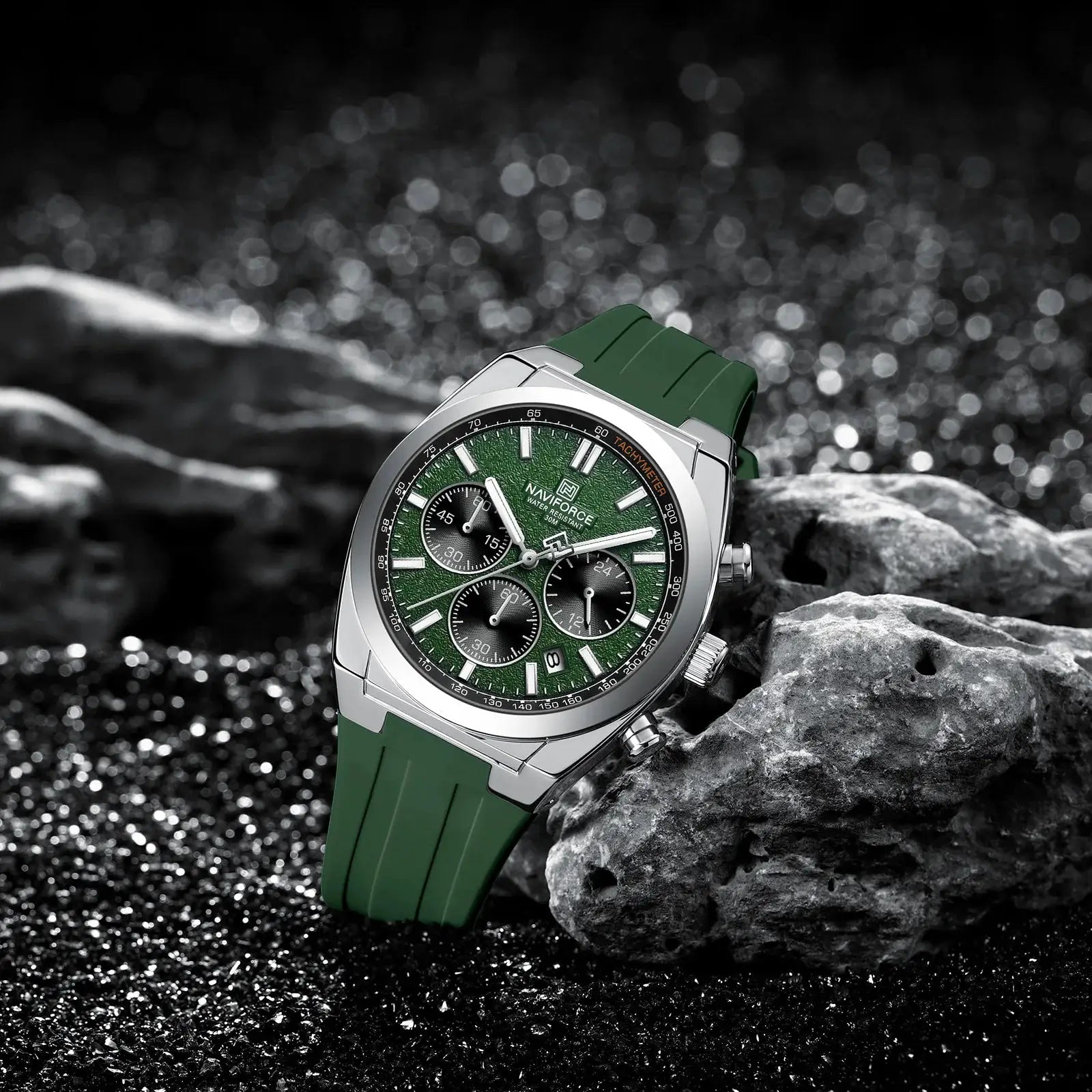NAVIFORCE 8080 men's watch with green dial and green strap; stainless steel case and chronograph features