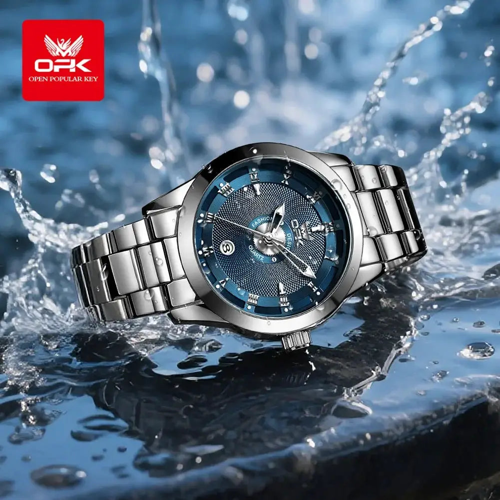 OPK 6056 men's stainless steel watch with blue dial and silver bracelet