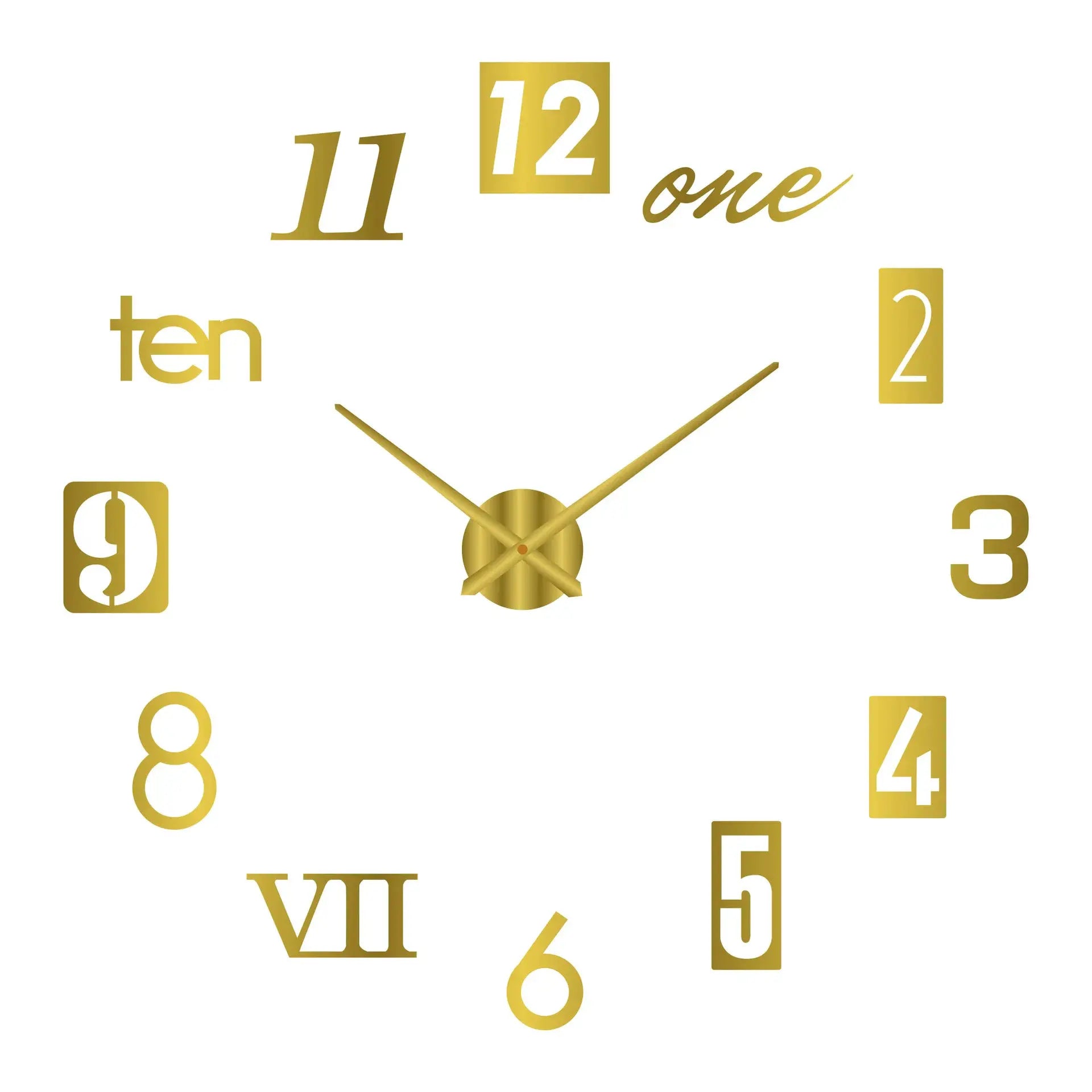 2026 Modern Design Large Wall Clock with gold 3D hands and acrylic mirror numeral stickers