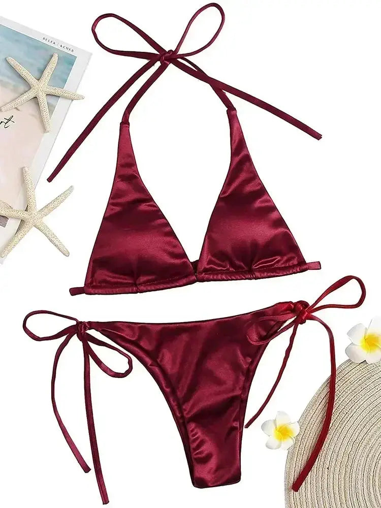 Bikini set burgundy metallic satin halter with triangle top and tie-side bottoms, Simples Market