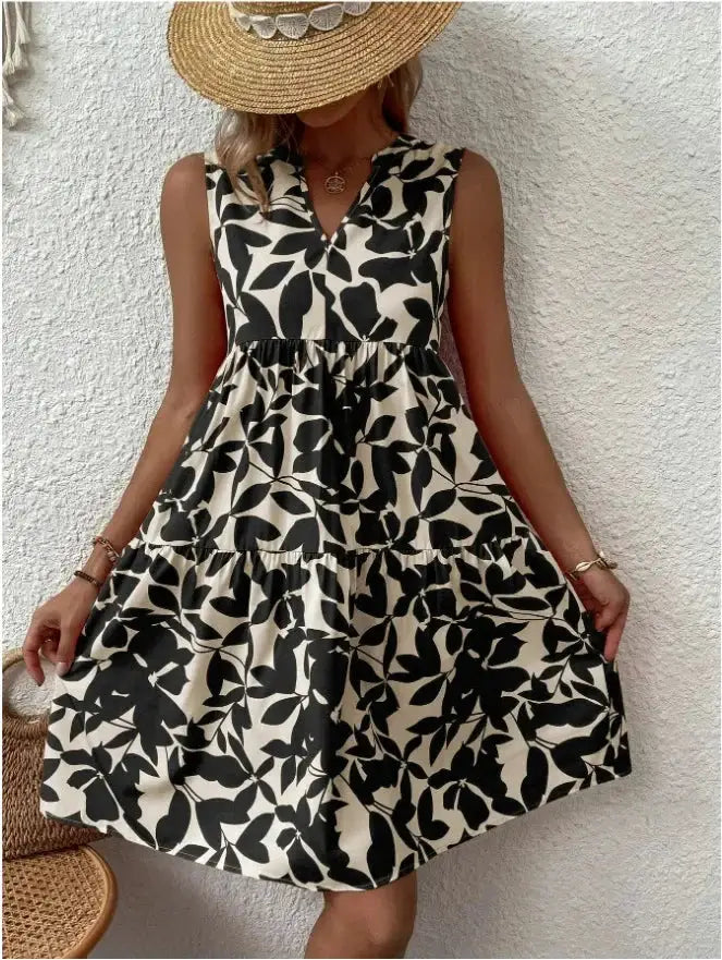 Women Boho Print Mini Dress Sleeveless V Neck Ruffle Beach Sundress