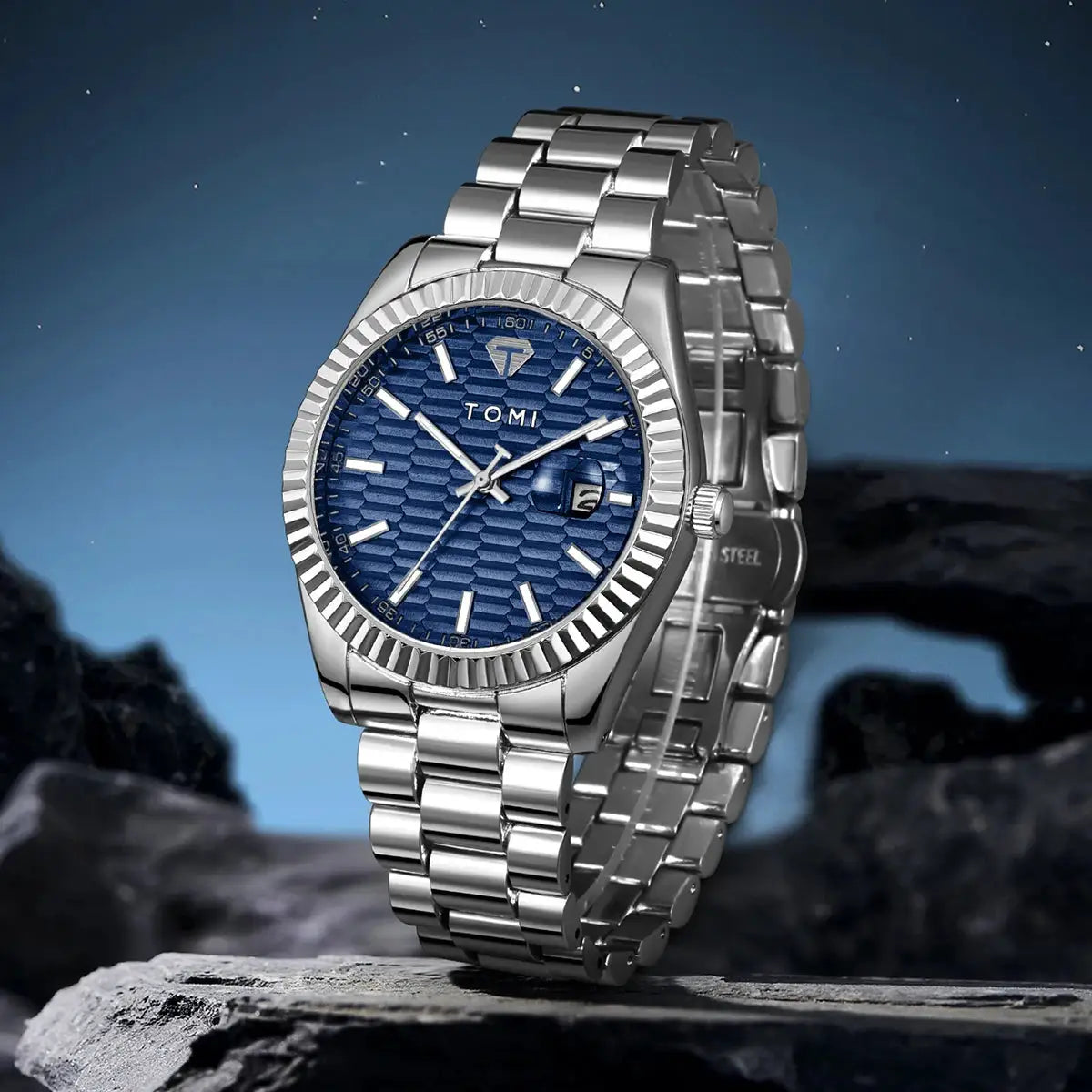 TOMI men's stainless steel watch with blue textured dial and date window
