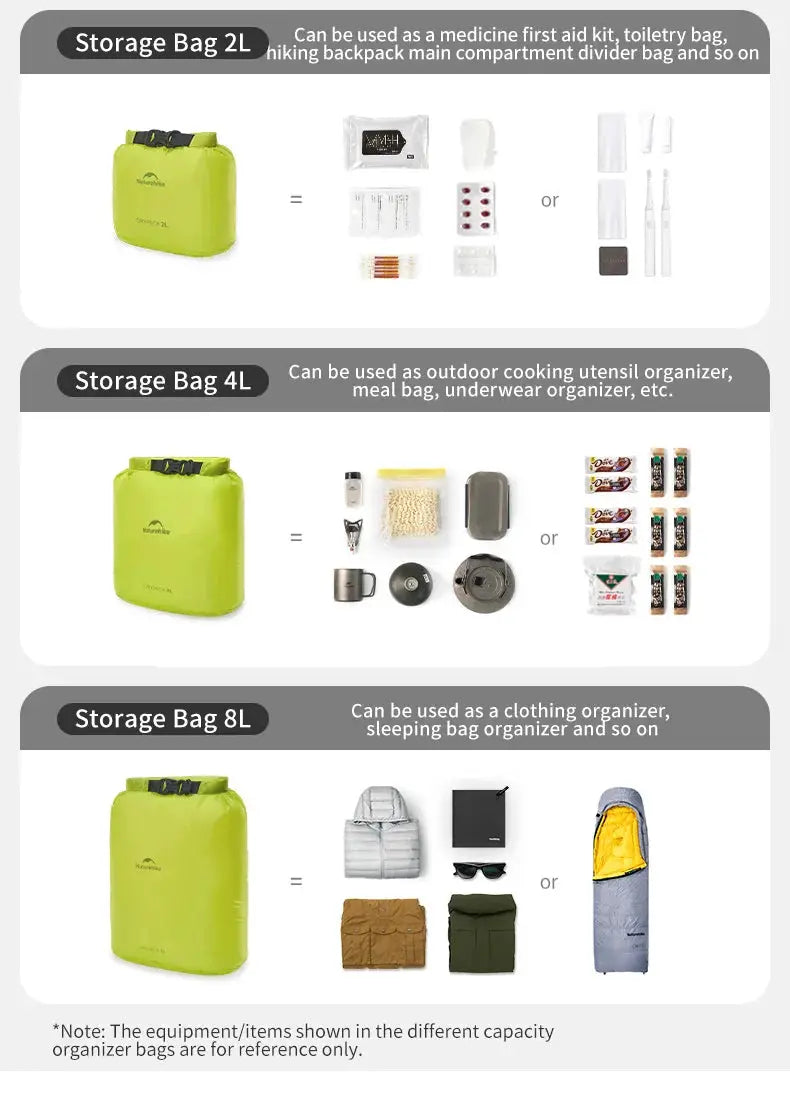 Naturehike rolled storage bag set in lime green; waterproof portable organizer available in 2L, 4L, and 8L sizes.
