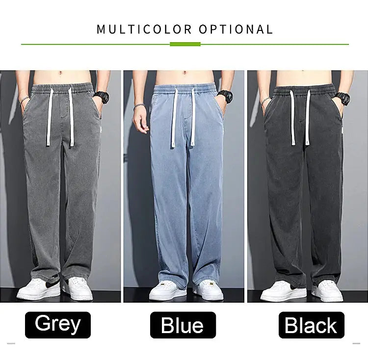 Men's lyocell casual trousers with drawstring waist, loose straight fit in grey, blue, and black (Simples Market)