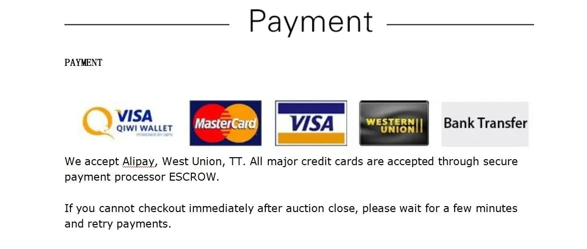 Payment methods accepted: QIWI Wallet, MasterCard, Visa, Western Union, Bank Transfer