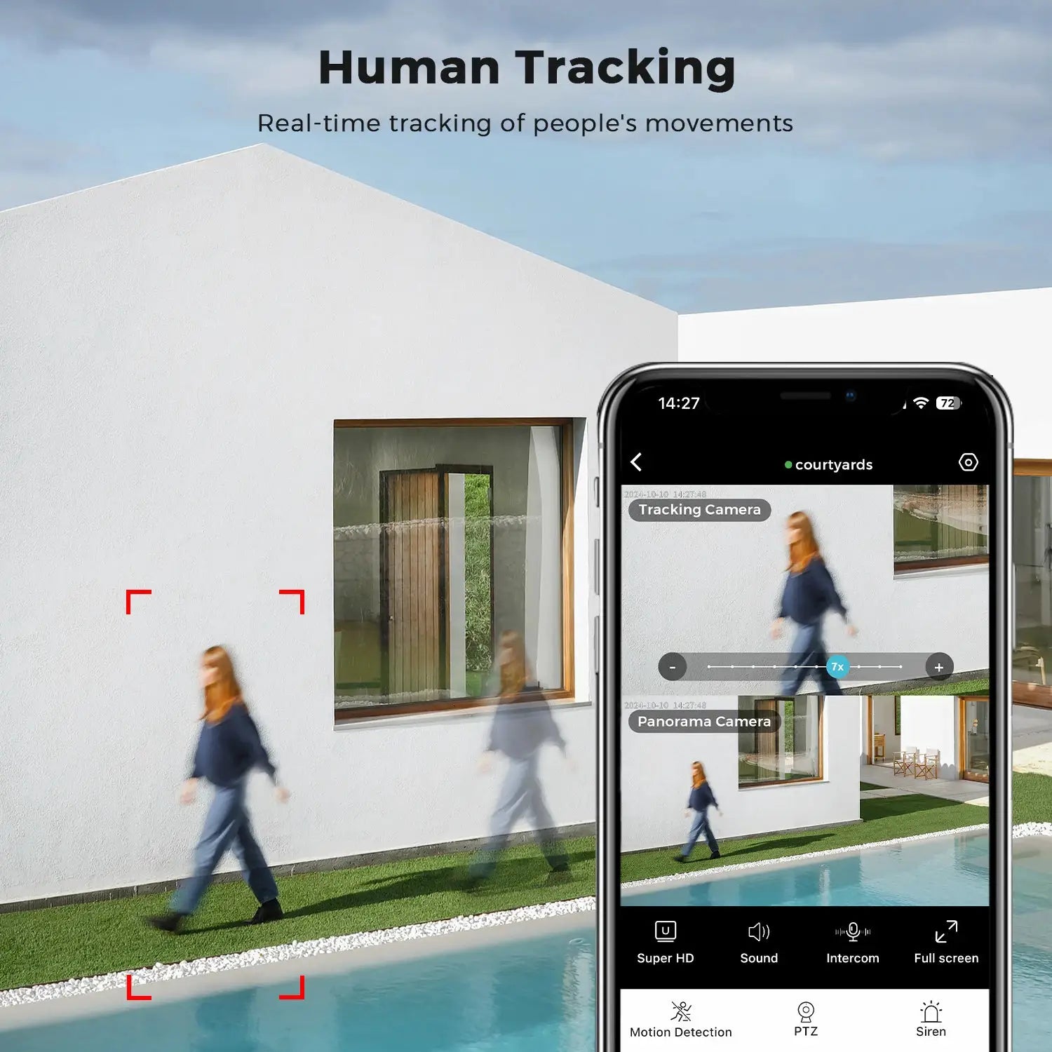 BESDER 15MP outdoor WiFi CCTV camera with PTZ and 10x digital zoom, shown via tracking app on a smartphone