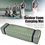 Simples Market outdoor foam camping mat, olive green with textured bubble surface, rolled and strapped for travel