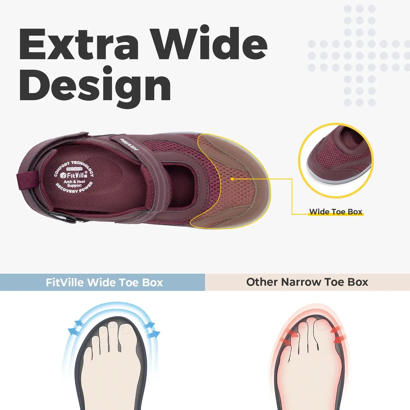 FitVille women's Mary Jane sandals with wide toe box in maroon, breathable upper.