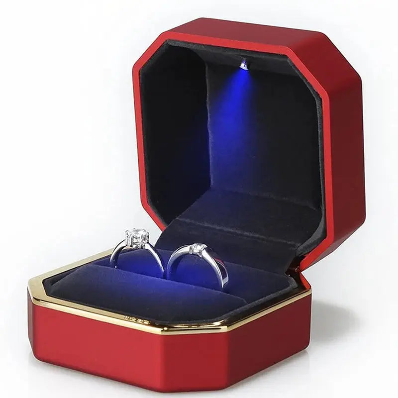 LED Jewelry Ring Box With Light Leather Exterior And Velvet Interior For Proposal Engagement Wedding Gift
