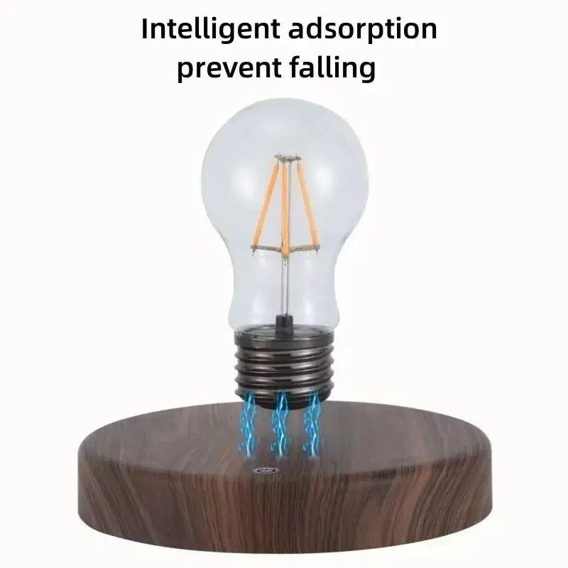 Magnetic levitation lamp with a floating glass LED bulb on a wooden base by Simples Market