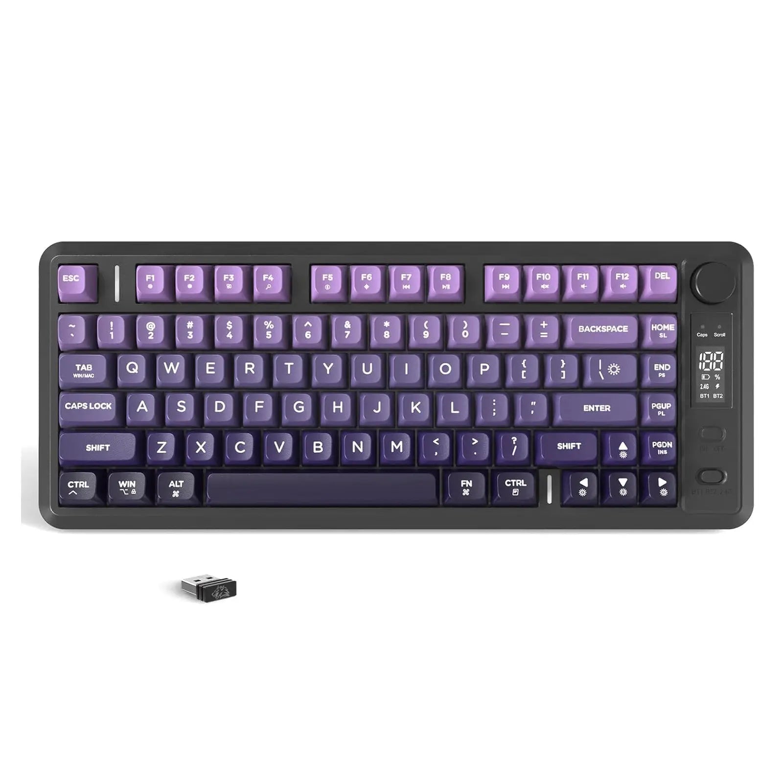 Attack Shark M75 wireless gaming keyboard by Simples Market with knob and OLED display, purple gradient PBT keycaps, USB dongle.
