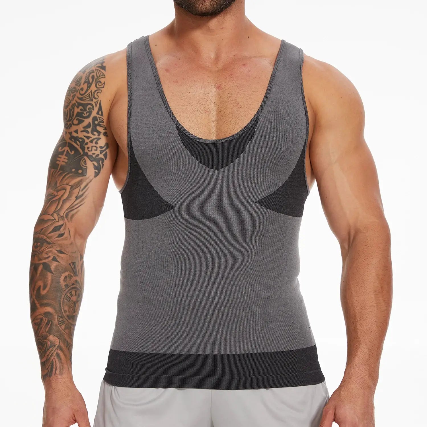 Men's gray shapewear top with black cross-elastic panels for tummy control