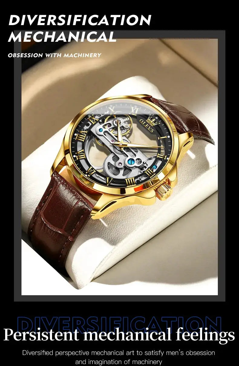 OLEVS 6661 skeleton automatic men's watch with gold-tone case and brown leather strap