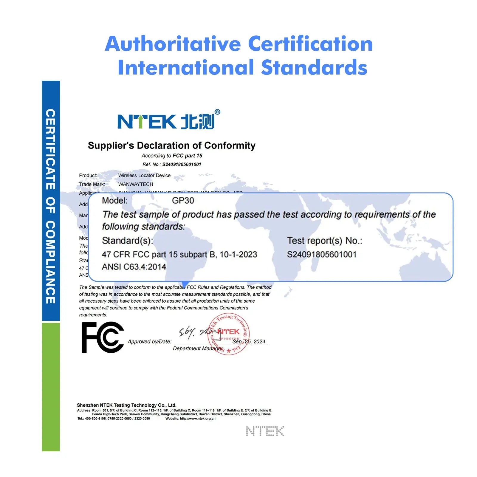 Certification document for GP30 wireless locator by NTEK, featuring Certificate of Compliance, FCC mark and world map