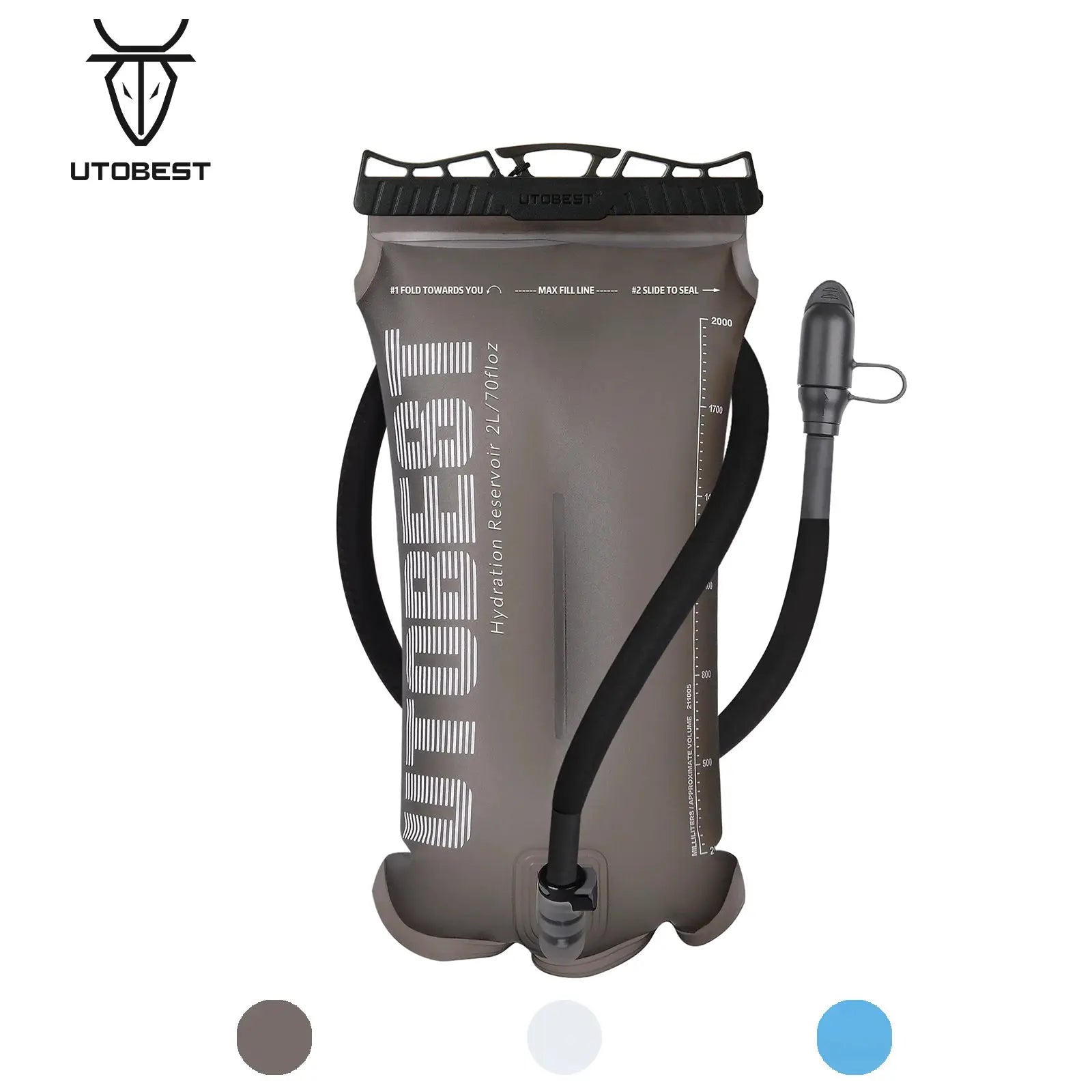 UTOBEST hydration bladder reservoir, gray TPU water bag with hose and bite valve, 1.5L/2L/3L capacity
