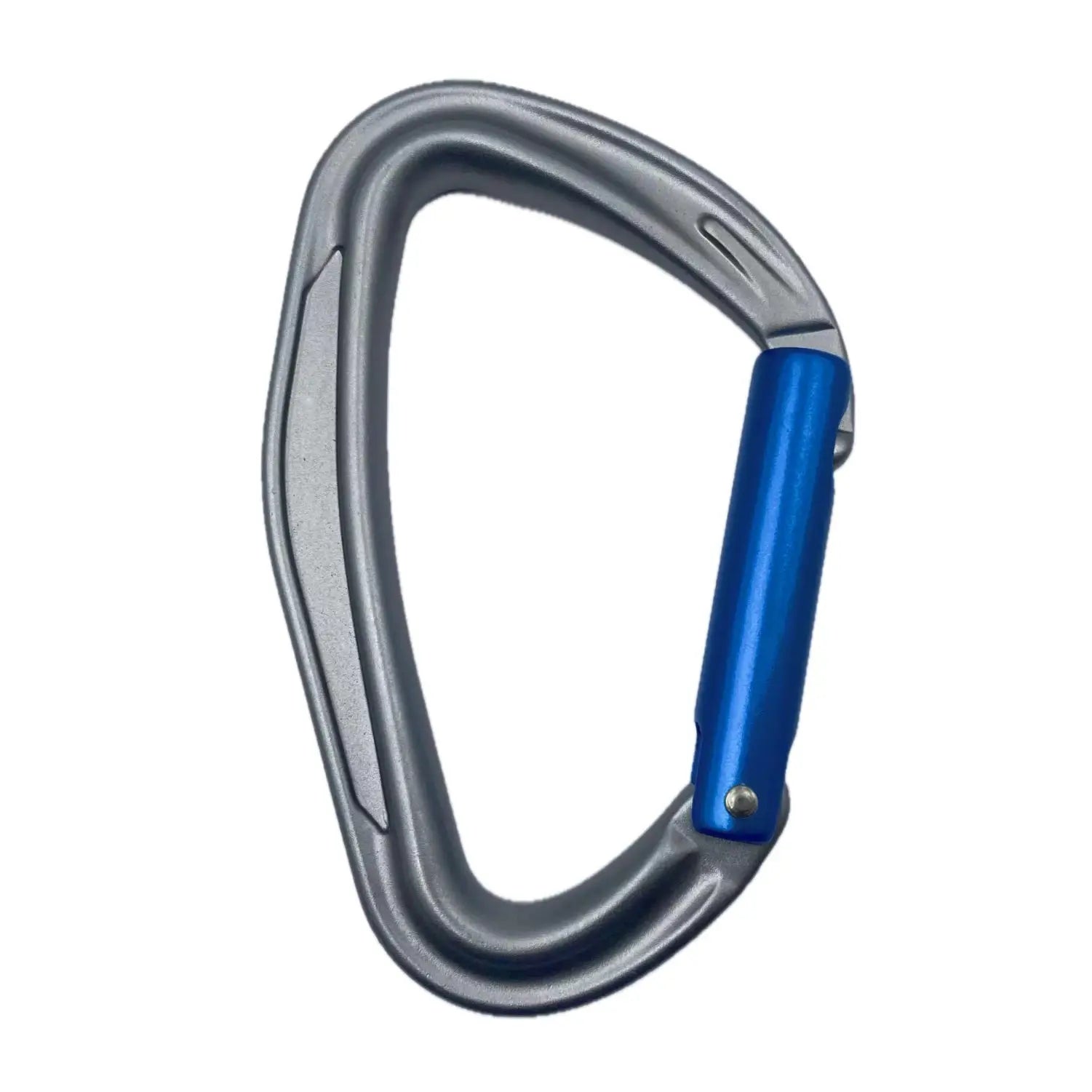 Climbing carabiner curved D-style, 7075 aluminum body with blue gate