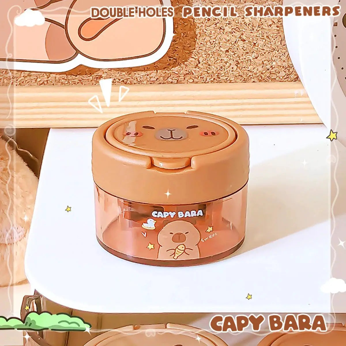 Capybara pencil sharpener, flip-top dual holes, brown translucent plastic, Simples Market
