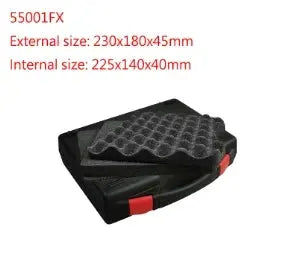 Black plastic multifunctional hardware tool box with red latches and foam-padded interior
