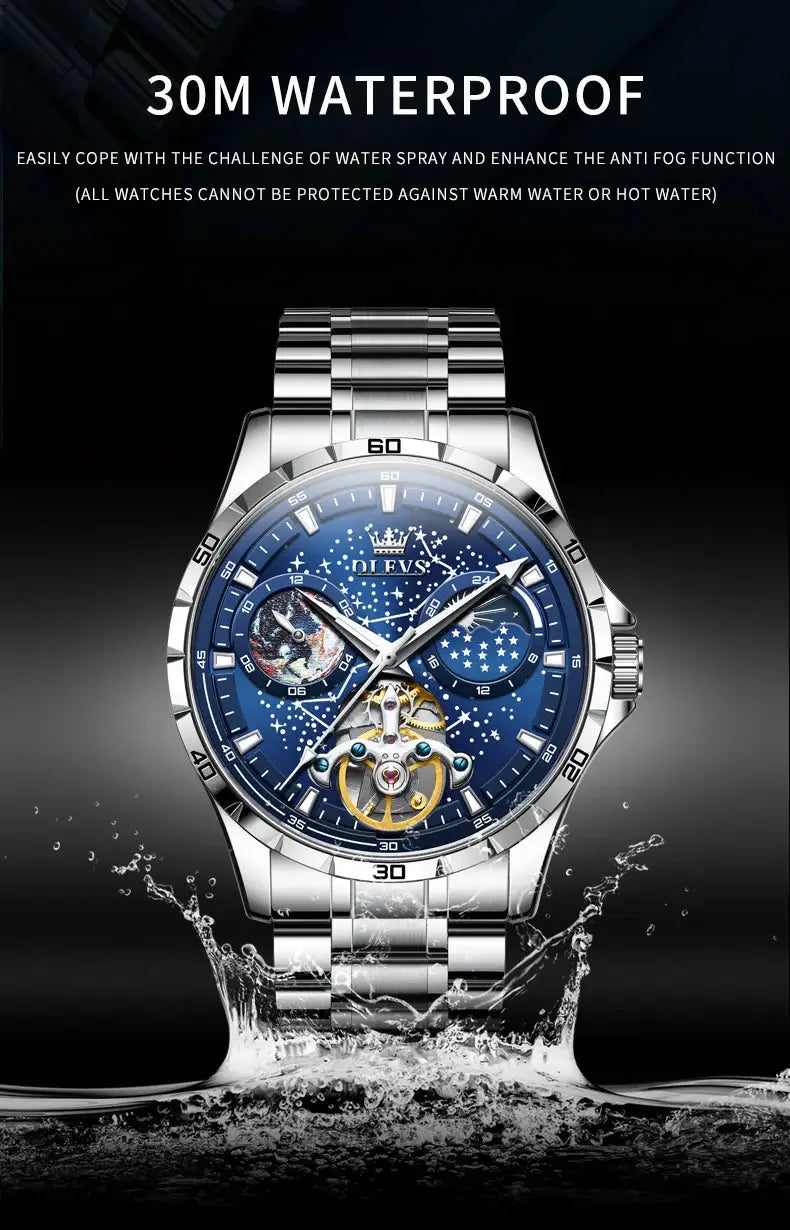 OLEVS flywheel skeleton automatic watch for men, blue starry-sky dial, stainless steel bracelet, 30m waterproof
