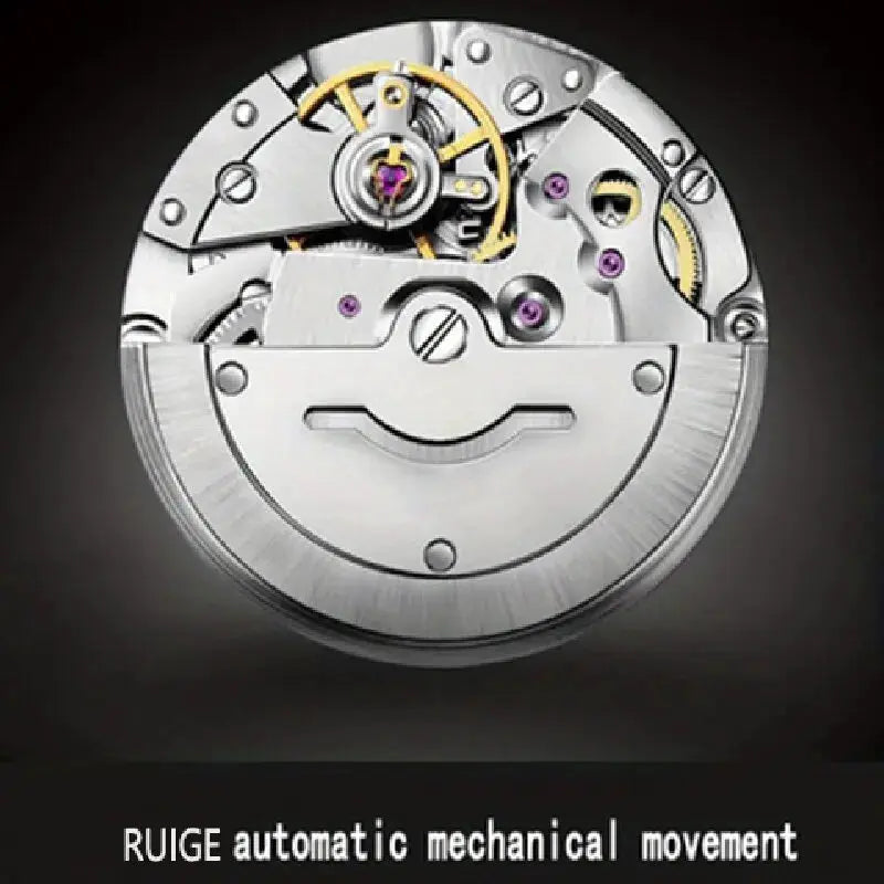 RUIGE men's automatic mechanical wristwatch movement close-up in stainless steel finish